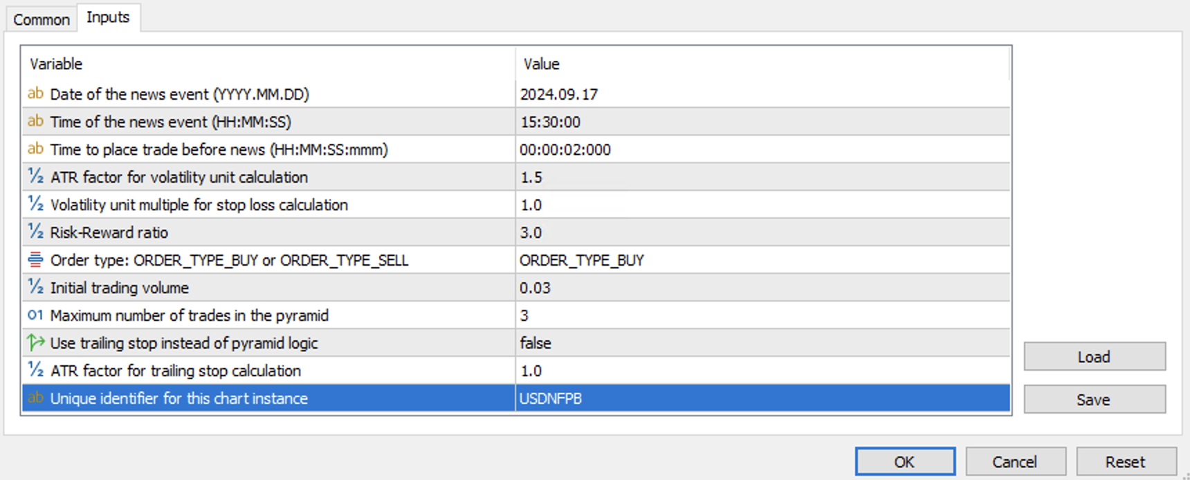 Example of RiskEventTrader EA Input Parameters in MT5